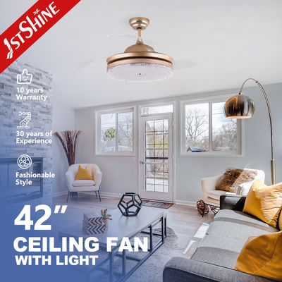 comprar 3 lâminas claras Ventilador de teto retrátil moderno dourado com luz LED Fabricação em linha
