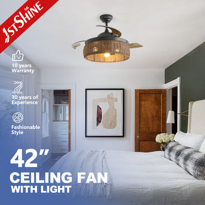 comprar Smart Control Design Rústico Ventilador de Tecto de Rattan com Lâmina Retrátil e Kit de Luz Fabricação em linha