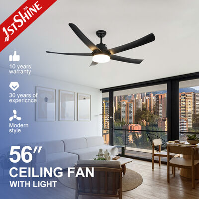 Ventilador de teto de plástico preto moderno com lâminas ABS duráveis e controle remoto com motor DC de economia de energia e luz LED